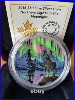 2016 Canada $30 Silver Coin Glow in the Dark Northern Lights in the Moonlight
