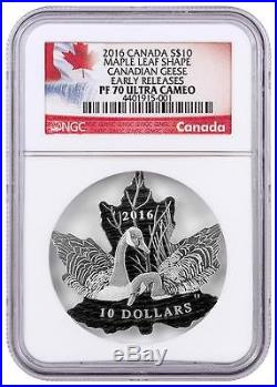 2016 Canada Silver $10 Maple Leaf Shape Canadian Geese PF70 UC ER NGC Coin