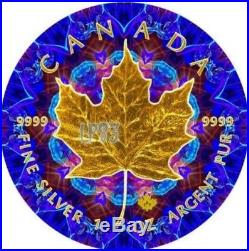 2017 1 Oz Silver BLUE KALEIDOSCOPE Maple Leaf Coin, With 24K GOLD GILDED