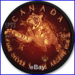 2017 1 Oz Silver BURNING WILDLIFE TIGER Coin WITH Ruthenium and 24K GOLD