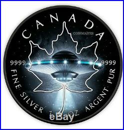 2017 1 Oz Silver UFO, GLOW IN THE DARK Maple Leaf Coin, With Black Ruthenium $5