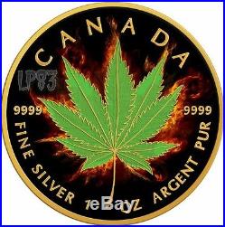 2017 1 Oz silver BURNING MARIJUANA INDICA Maple Leaf Fire Coin With 24kt Gold Gild
