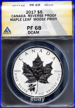 2017 $5 Silver Canadian Maple Moose Privy Rev PF68 DCAM ANACS # 7967972 + Bonus