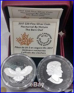 2017 Barn Owl $20 1OZ Pure Silver Coin Nocturnal Night Sky Moon, Black Rhodium