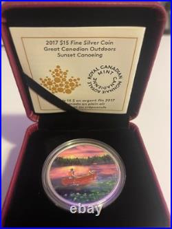 2017 Canada $15 Fine Silver Coin Great Canadian Outdoor Sunset Canoeing