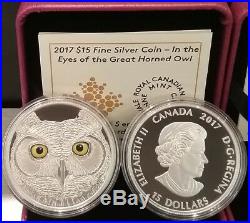 2017 Eyes Great Horned Owl $15 Pure Silver Proof Coin Canada Glow-in-Dark