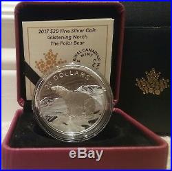 2017 Polar Bear Glistening North $20 1OZ Pure Silver Proof Coloured Coin Canada