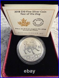 2018 15.87g 99.99% PURE SILVER $10 CANADIAN COIN. THE YEAR OF THE DOG. OGP+COA
