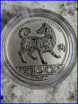 2018 15.87g 99.99% PURE SILVER $10 CANADIAN COIN. THE YEAR OF THE DOG. OGP+COA