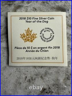 2018 15.87g 99.99% PURE SILVER $10 CANADIAN COIN. THE YEAR OF THE DOG. OGP+COA