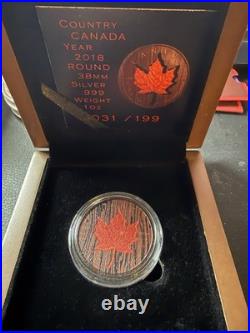 2018 1 Oz. 9999 Silver Canada Red Maple Leaf Wood Tone Color Coin Out Of 199