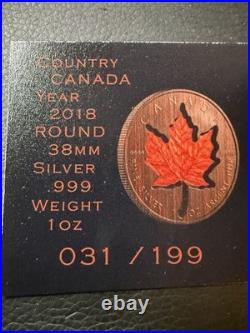 2018 1 Oz. 9999 Silver Canada Red Maple Leaf Wood Tone Color Coin Out Of 199
