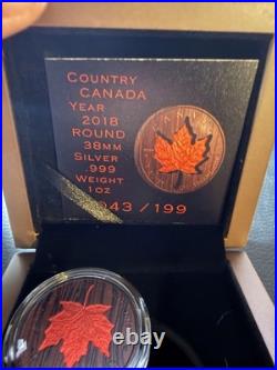 2018 1 Oz. 9999 Silver Canada Red Maple Leaf Wood Tone Color Coin Out Of 199