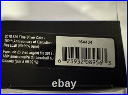 2018 1oz 99.99% PURE SILVER 180th ANNIVERSARY OF CANADIAN BASEBALL. OGP+COA