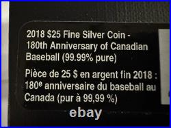 2018 1oz 99.99% PURE SILVER 180th ANNIVERSARY OF CANADIAN BASEBALL. OGP+COA