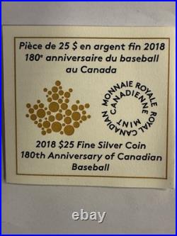 2018 1oz 99.99% PURE SILVER 180th ANNIVERSARY OF CANADIAN BASEBALL. OGP+COA