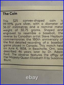 2018 1oz 99.99% PURE SILVER 180th ANNIVERSARY OF CANADIAN BASEBALL. OGP+COA