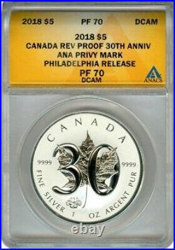 2018 $5 Canada Rev Proof 30th Annv. ANA Privy Mark Philadelphia ANACS PF70