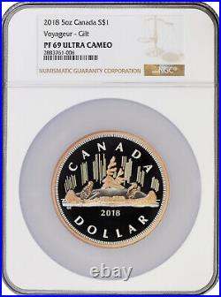 2018 Canada Big Coin Series Voyageur Dollar 5 oz Silver Gilt Pr $1 Coin NGC PF69