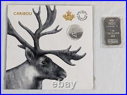 2018 Caribou Canada$3 Pour Silver Coin With 1 Troy OZ RMC. Silver Bar Set of 2