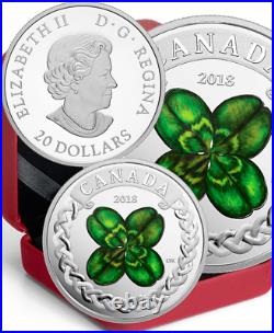 2018 Lucky Four Leaf Clover $20 1OZ Pure Silver Proof Coin Canada Shamrock-Green