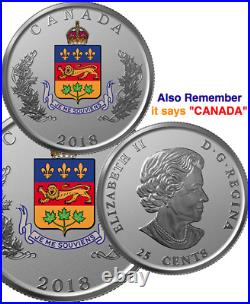 2018 Quebec Heraldic Emblem 25cent Pure Silver Proof Canada Coin JE ME SOUVIENS