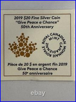 2019 1oz 99.99%SILVER $20 CANADIAN COIN. GIVE PEACE A CHANCE. 50TH ANNIVERSARY