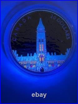 2019 1oz SILVER COIN. LIGHTS OF PARLIAMENT HILL. WITH OGP+ COA+ BLACK LIGHT