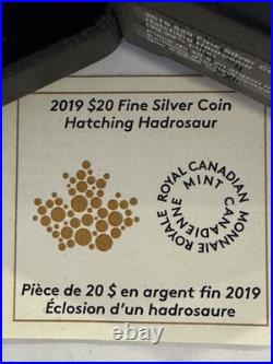 2019 31.82g 99.99% PURE SILVER $20 CANADIAN COIN. HATCHING HADROSAUR. OGP & COA
