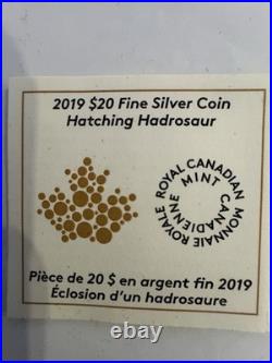 2019 31.82g 99.99% PURE SILVER $20 CANADIAN COIN. HATCHING HADROSAUR. OGP & COA