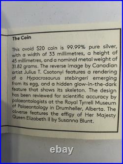 2019 31.82g 99.99% PURE SILVER $20 CANADIAN COIN. HATCHING HADROSAUR. OGP & COA
