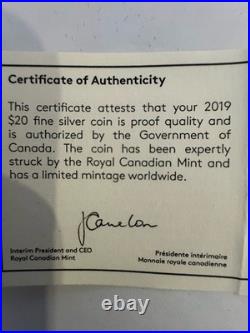 2019 31.82g 99.99% PURE SILVER $20 CANADIAN COIN. HATCHING HADROSAUR. OGP & COA