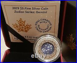 2019 Gemini Zodiac $5 1/4OZ Pure Silver Proof Canada 27mm Coin with Crystal