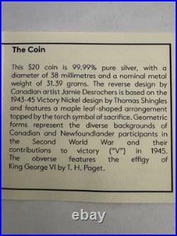2020 31.39g 99.99% Pure Silver $20 Canadian Coin. WW ll Victory In Europe. + COA