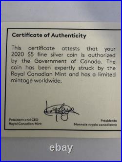 2020 W 1 oz 99.99% PURE SILVER $5 CANADIAN MAPLE LEAF With OGP and COA