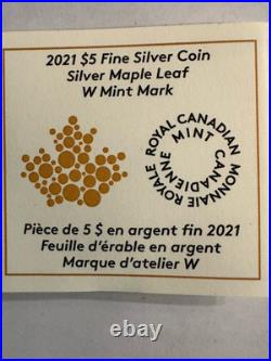 2021. 1oz 99.99% PURE SILVER CANADIAN MAPLE LEAF $5 COIN WITH W MINT MARK