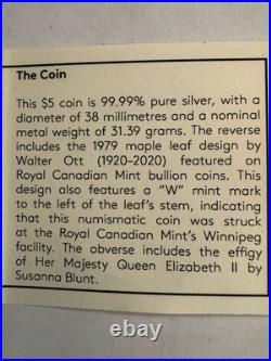 2021. 1oz 99.99% PURE SILVER CANADIAN MAPLE LEAF $5 COIN WITH W MINT MARK
