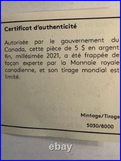 2021. 1oz 99.99% PURE SILVER CANADIAN MAPLE LEAF $5 COIN WITH W MINT MARK