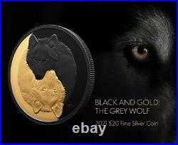 2021 BLACK GOLD GREY WOLF 1oz Silver Coin with Gold & Rhodium $20 Canada RCM