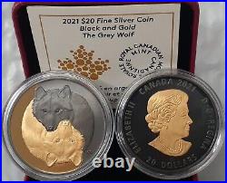 2021 BLACK GOLD GREY WOLF 1oz Silver Coin with Gold & Rhodium $20 Canada RCM