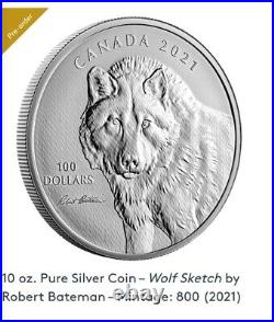 2021? Canada 10 oz Pure Silver Coin Wolf Sketch Robert Bateman #209/800