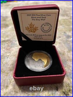 2021 Canada $20 Fine Silver Black & Gold Grey Wolf Coin