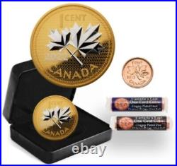 2022 CANADA 1c FAREWELL TO THE PENNY 5oz Silver Gold-Plated Coin & Two 1c Rolls