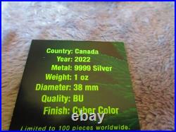 2022 MAPLE CANNABIS CYBER GREEN Colorized 1 oz Silver Coin $5 Canada