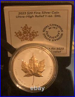 2023 $20 Fine Silver Coin ULTRA-HIGH RELIEF 1-OZ. SML 99.99 Pure. Gold Plated
