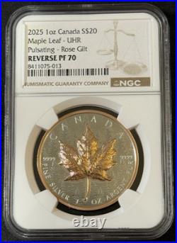 2025 1 Oz. 9999 Silver Canada Maple Pulsating Rose Gold Gild NGC Reverse PF 70