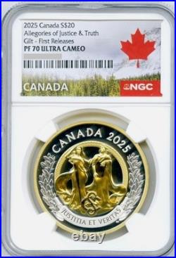 2025 Canada $20 ALLEGORIES OF JUSTICE & TRUTH Gilt NGC PF70 FR BOX/COA