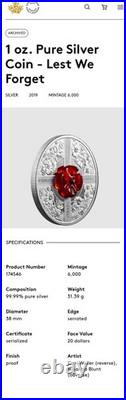 219 $20 Canada Lest We Forget Silver Coin