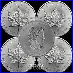 5 x Canadian 1 oz maple leaf 999.9 Silver Bullion Coin. Various years
