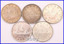 5x 1936 Canada silver dollars 5-coins VF and EF